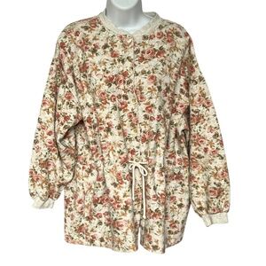 Vintage Lady Footlocker Button Front Floral Jacket Waist Drawstring Sz L Pockets